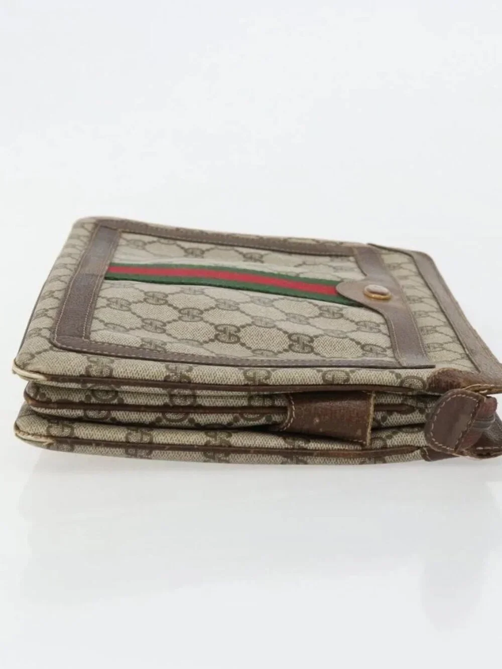 GUCCI GG Supreme Web Sherry Line Clutch Bag PVC Beige Gold Auth 182207